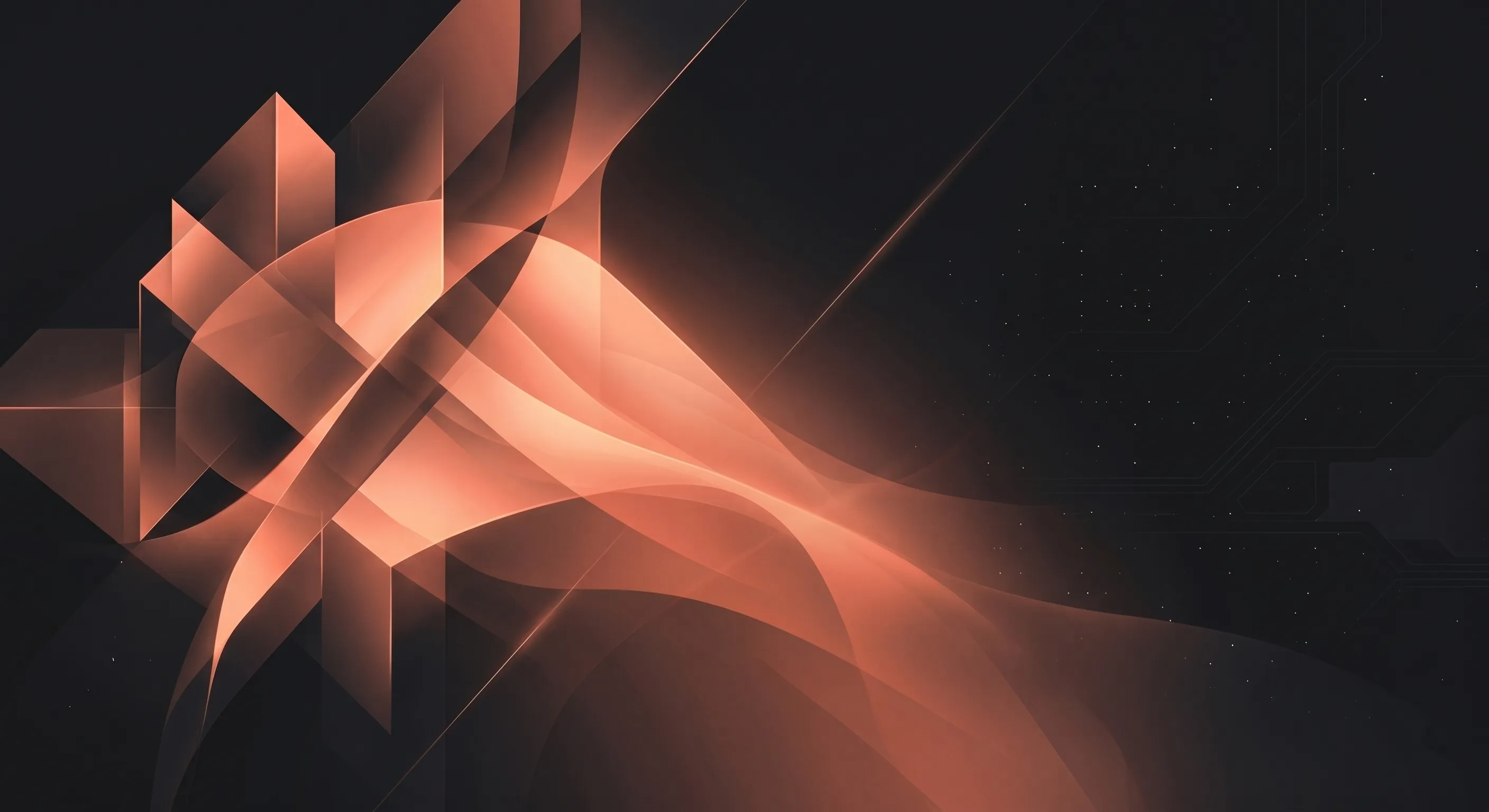 An abstract digital artwork of dynamic, glowing copper-orange geometric forms. Translucent, flowing ribbons and sharp prisms intersect and overlap, set against a dark charcoal-grey background with faint technical patterns and a field of fine, star-like specks.
