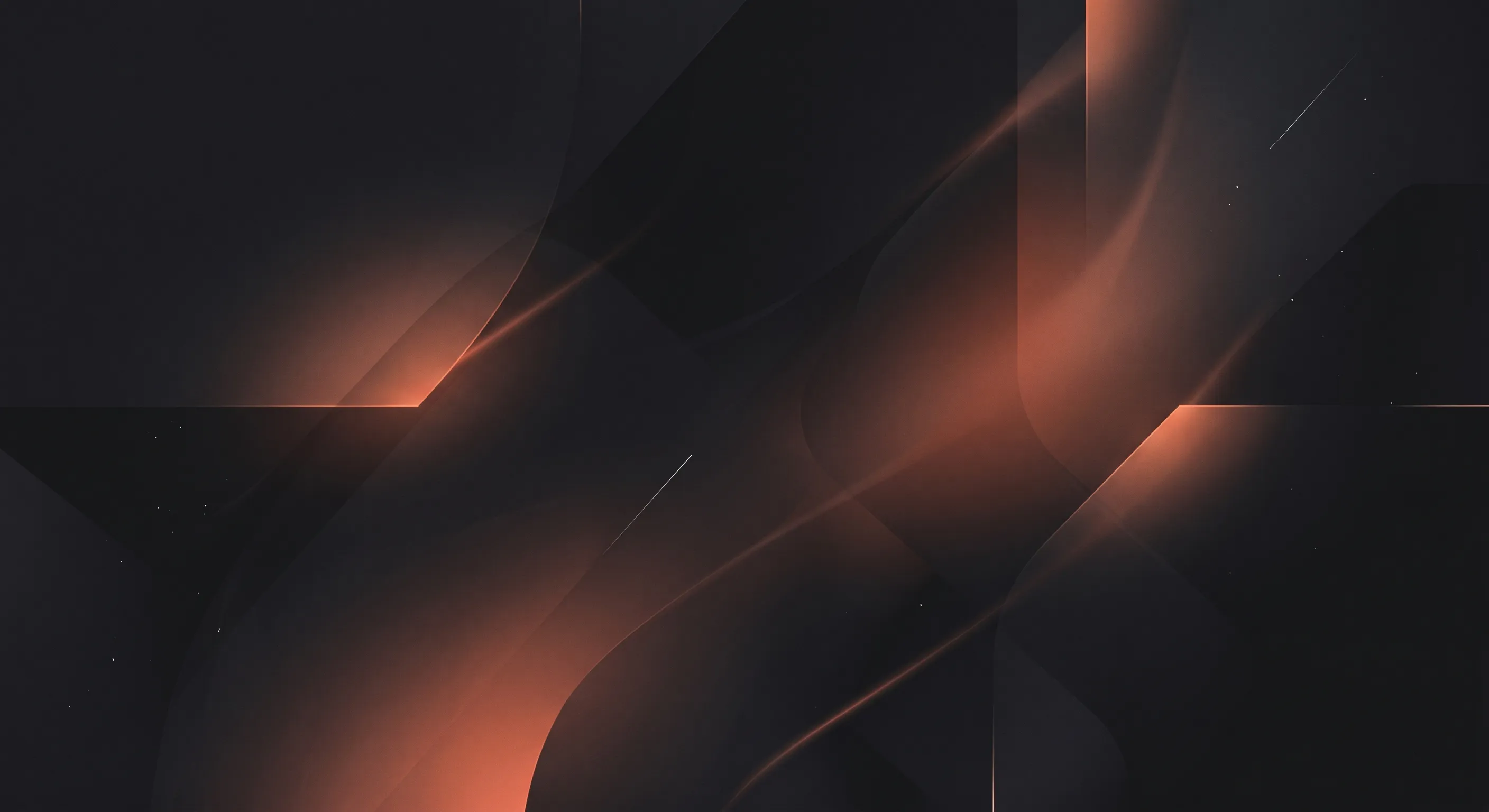 A purely abstract digital background featuring a deep charcoal black canvas. Smooth, sweeping waves and intersecting geometric planes are illuminated by soft, glowing gradients in warm muted coral and peach tones. Tiny, subtle off-white specks and thin diagonal lines add delicate texture to the dark, cinematic composition. No text is present.