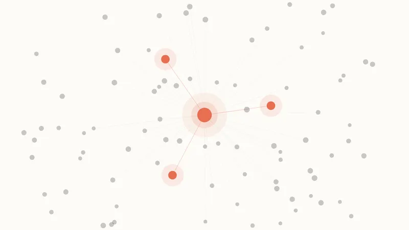An editorial constellation on warm paper: a single coral node at the center — one email address — with faint lines radiating out to a scattered field of grey nodes (open-web signals), and three coral nodes lit up among them for the inferred news, pain, and product relevance.